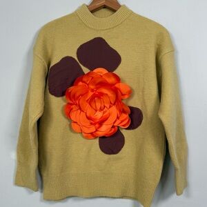 Mustard Crewneck Sweater with Orange Appliqué Flower, Excellent Condition